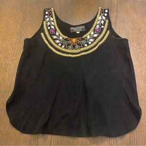 VTG Judith Ann Creations Black Genuine Suede Beaded Tank Top Size Small